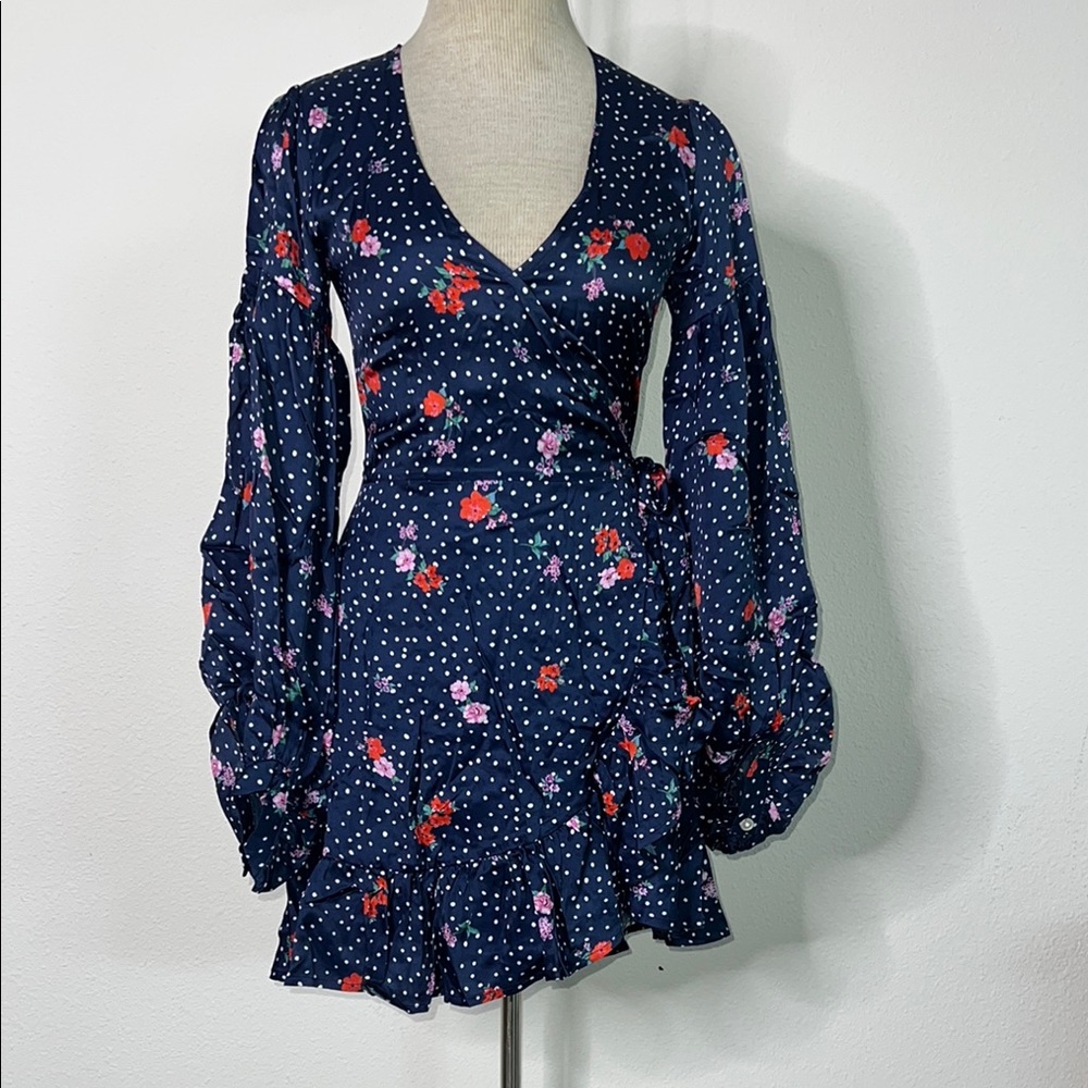 Capulet Siena Navy Blue Floral Long Balloon Sleeve Wrap Dress - Picture 2 of 5